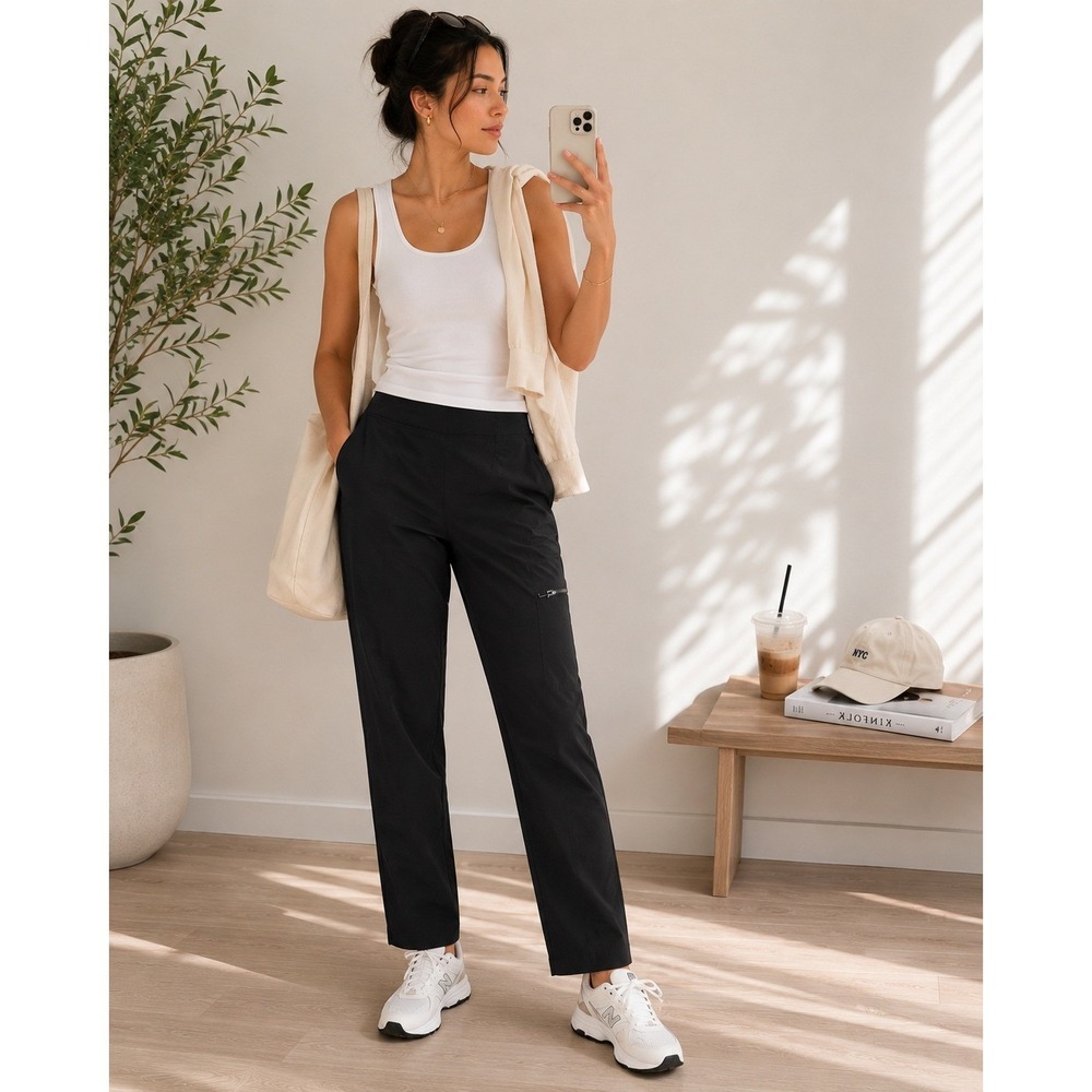 Chicos Zenergy Cargo Pant Black Straight Leg Utility Normcore Stretch Size 6P